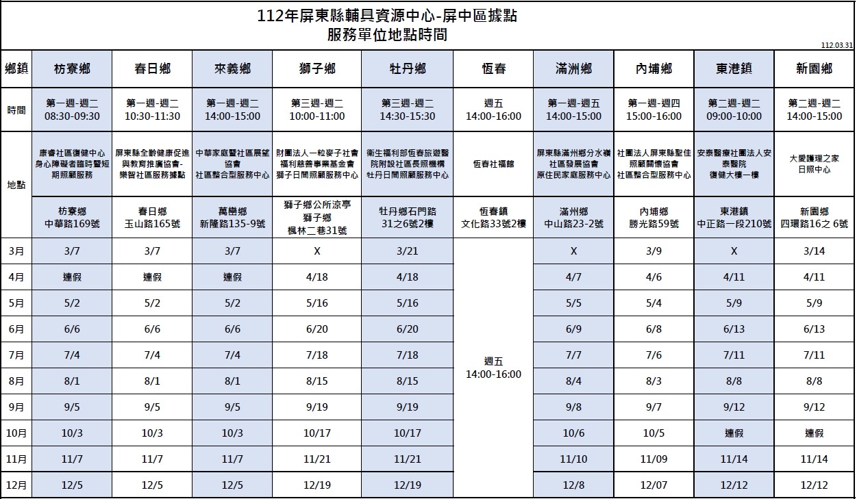 112年屏中區輔具資源中心據點服務時間